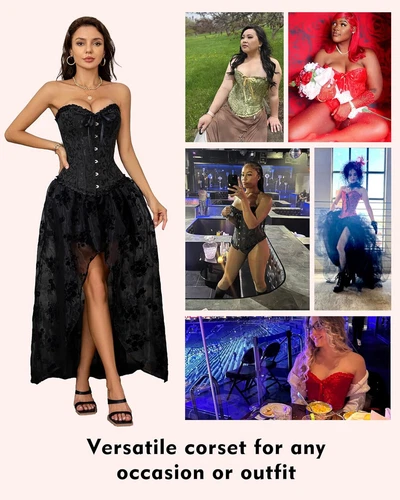 Women Black Overbust Boned Corset Burlesque Basque Top Lace-Up Costume Size 6-24 - Picture 4 of 37