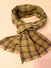TAN BROWN BLUE PLAID LONG SCARF NECK COAT ACRYLIC BLEND COLD WEATHER 