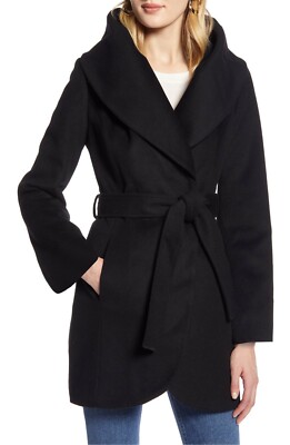 NORDSTROM $350 HALOGEN Wool Blend Wrap Coat SHAWL BELT BLACK