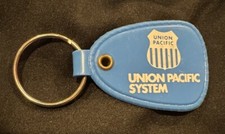 ~UNION PACIFIC railroad keychain~ "VINTAGE" blue plastic key fob train shield