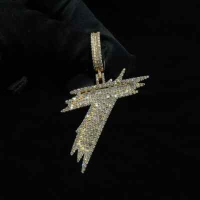 3Ct Baguette Round VVS1 Moissanite LETTER T Men's Pendant 14K Yellow Gold Plated