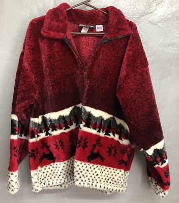 Cobblestone Canyon Full Zip Plush  Red Jacket  Deer/Trees/Mtns Size  Large USA