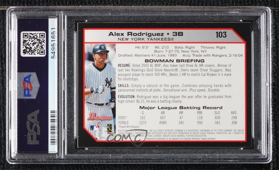 2004 Bowman 1st Edition Alex Rodriguez #103 PSA 9 MINT - Image 2 of 2