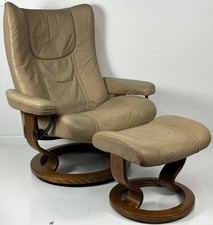 Ekornes Stressless Large "WING" Sand Leather Swivel Recliner Chair  Ottoman
