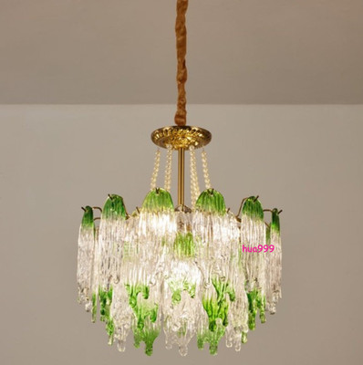 French Murano Light Luxury Gradient Green Glass Iron Chandelier Ceiling Lamp