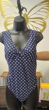 Women  s One Piece Swimsuit Navy Blue Polka Dot V Neck High Coverage NWT Size M