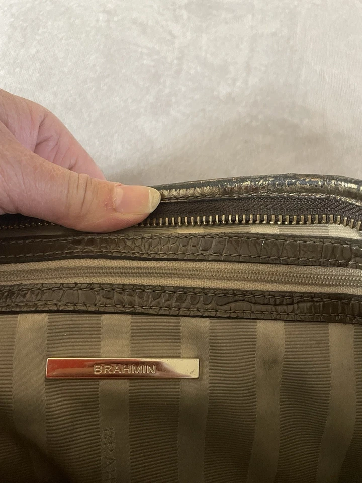 Brahmin Mini Asher Gray Leather w/ White Stripe Handle Removable Shoulder Strap - Image 4 of 4