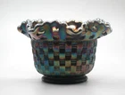 Fenton Black Amethyst Carnival Glass Basketweave Ruffled Bowl Iridescent Vintage