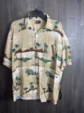 Vintage Billion Bay Hawaiian Aloha L Shirt Bird Eagle Flowers Floral Tan