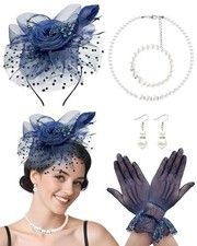 5 Pack Fascinators Hat for Women Tea Party Veil Mesh Headband 1a-navy Set