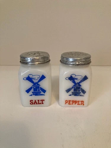 Vintage Hazel Atlas White Milk Glass Dutch Windmill Salt And Pepper Shaker Set