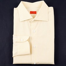 Isaia Napoli Tailored-Fit Yellow-White Check Cotton Dress Shirt 17.5 x 36