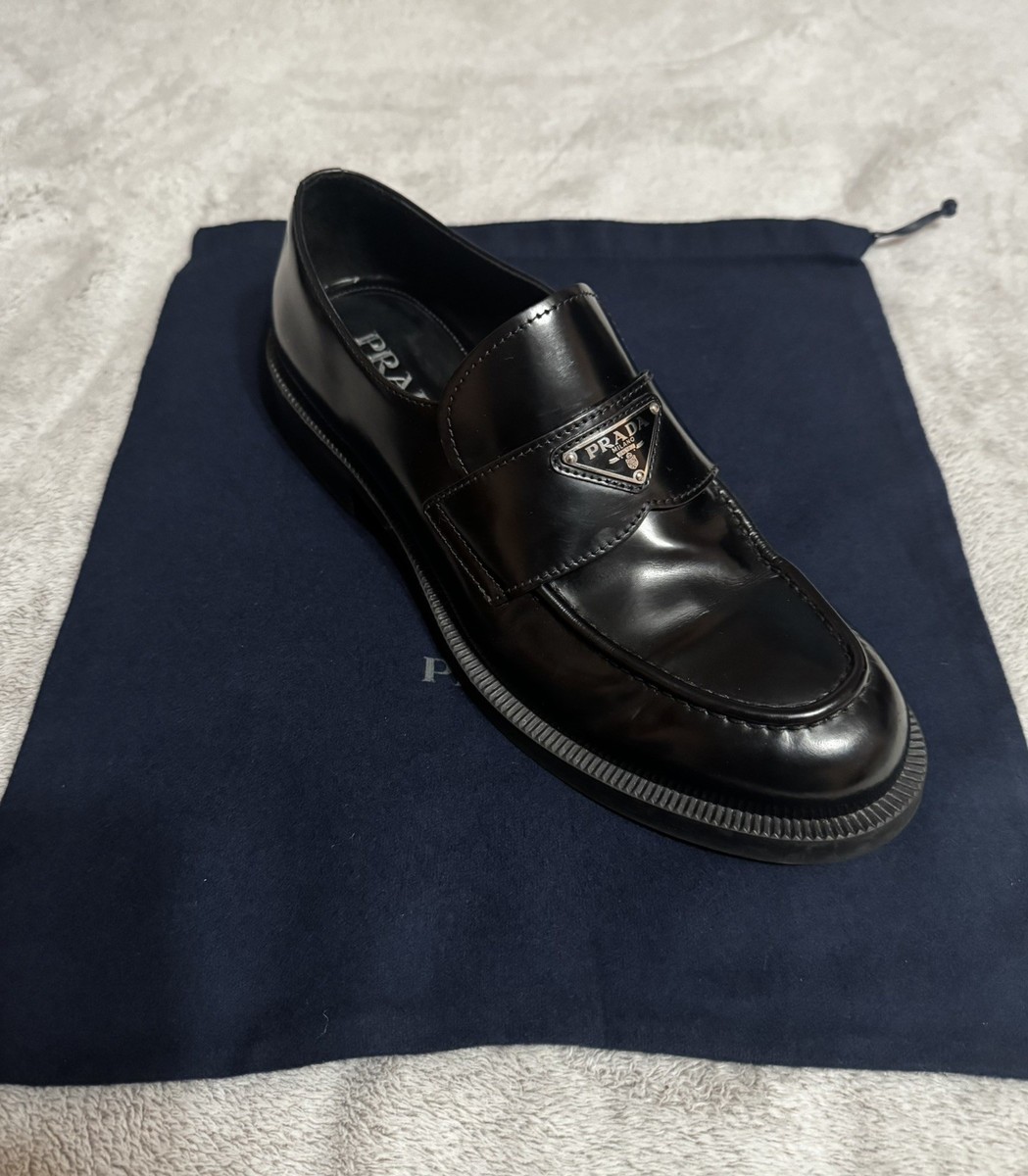 Prada Leather Triangle Logo Loafers Size 9 Men Black With Box