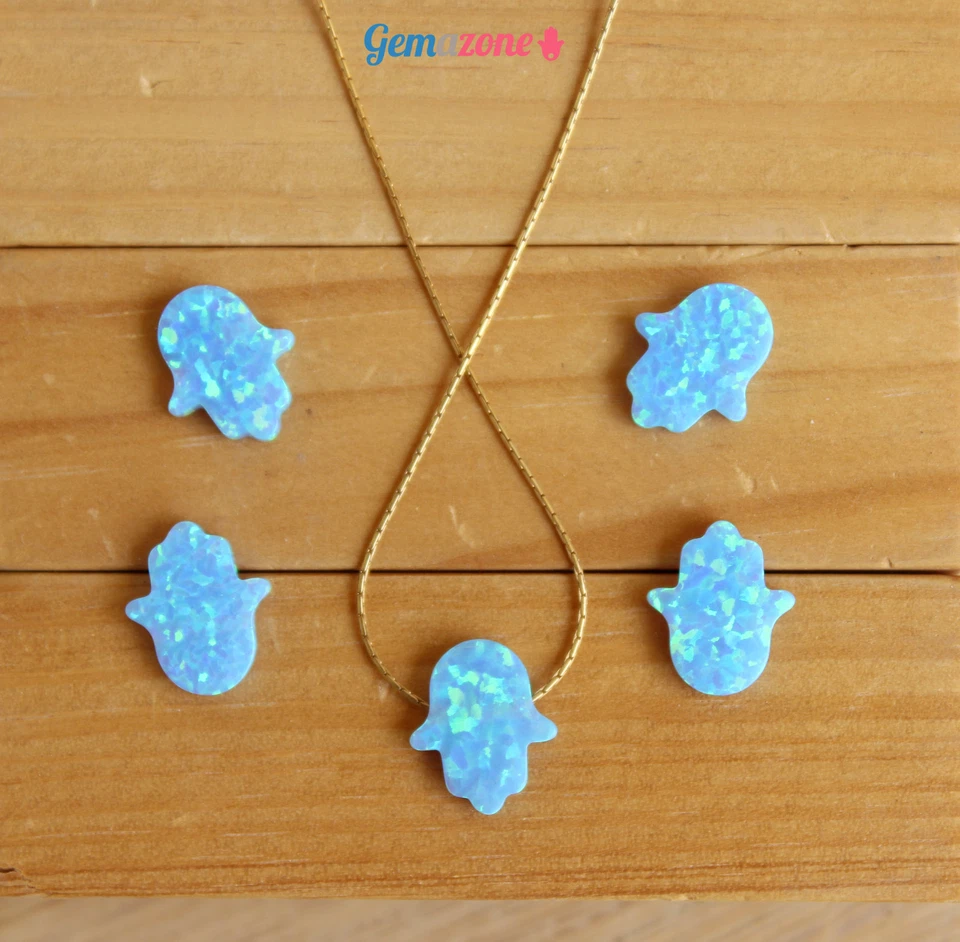 Colar gargantilha pingente amuleto opala laboratório azul mão Hamsa corrente folheada a ouro 14K - Imagem 4 de 4