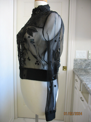 Chemise Jacket Femme IOS Taille L - Soie Et Coton Brodé Floral Gris Et Noir - Occasion Très Bon état