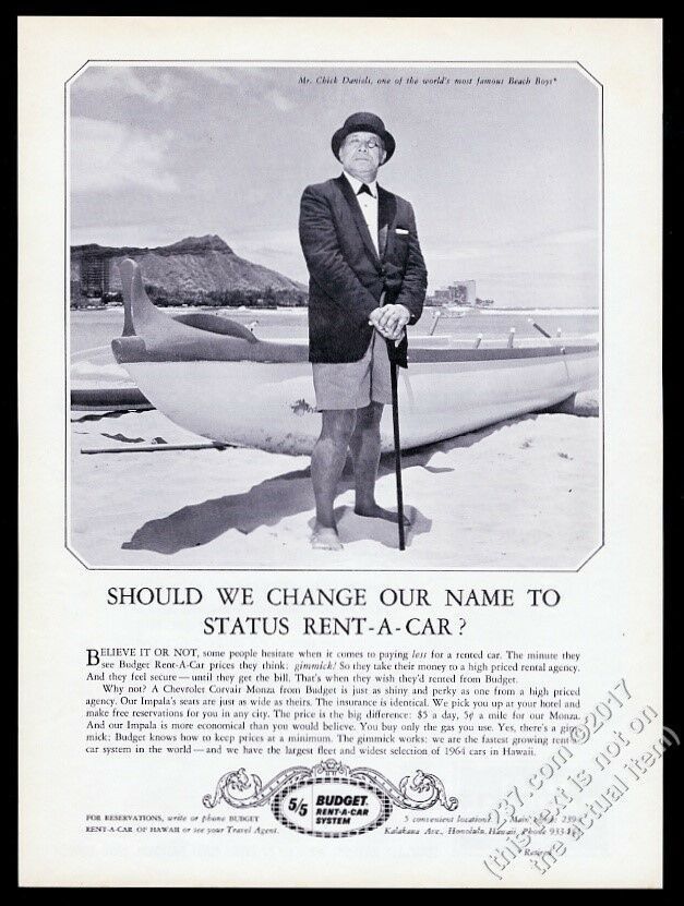 Foto de Chick Daniels 1964 en Waikiki Beach Hawaii Budget Rent-A-Car anuncio impreso