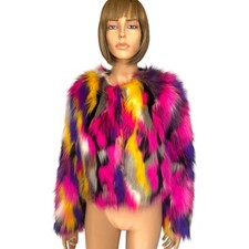 Pretty Little Thing Faux Fur Jacket Coat Size Size 2 Multicolor Patch Festival