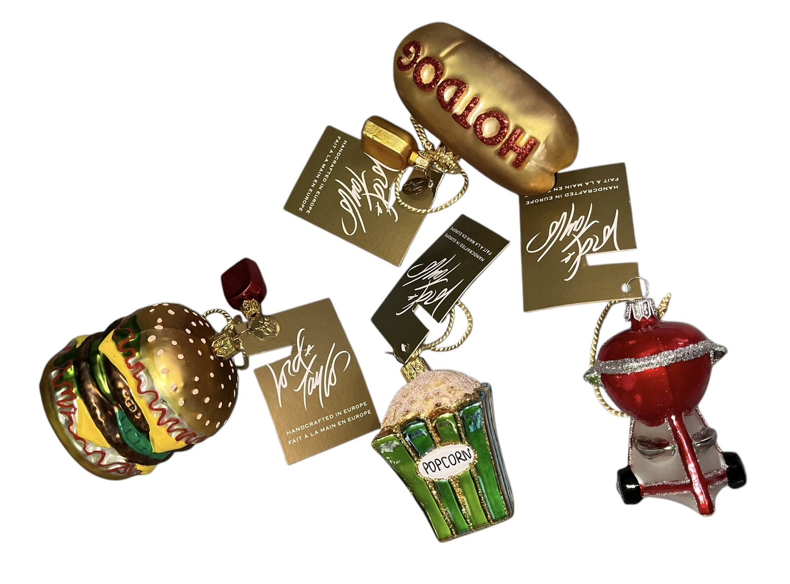 Lord & Taylor Glass Christmas Ornaments (4) Hamburger, Grill, Hot Dog, and Corn