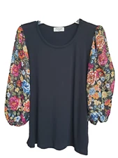 kim & cami Mixed Media Floral Balloon Sleeve Blouse Size Large
