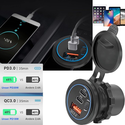 12V Auto Dual USB C Steckdose 3.0 QC PD Einbau Buchse Wasserdicht KFZ Ladegerät.