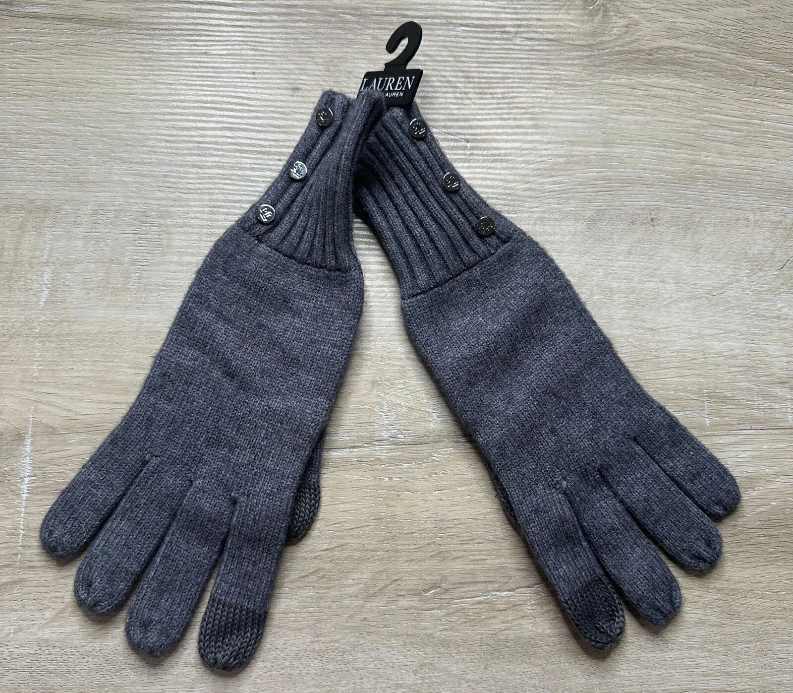 NWT POLO RALPH LAUREN Womens Gloves Black LRL TOUCH COMPATIBLE Knit Button