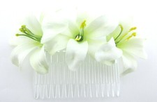 Triple Cream White Lily Silk Flower Hair Comb,Pin up,Updo,Rockabilly,Bridal