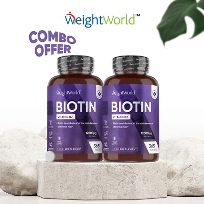 WEIGHTWORLD Pure Biotin - 365 Tablets x2 - Hair vitamins - Nails & Skin health - Vitamin B7
