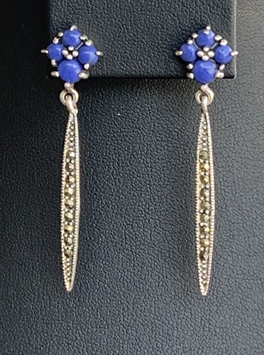 Vintage 925 Sterling Silver Blue Stone And Marcasite Gemstone Earrings 2" long - Picture 2 of 11