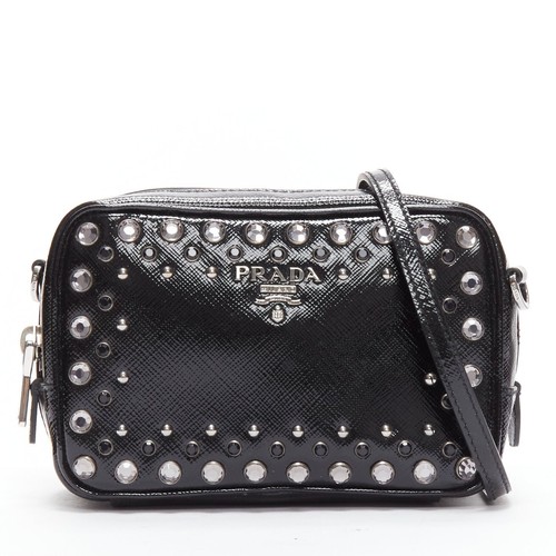 PRADA crystal silver stud logo black saffiano leather crossbody camera bag