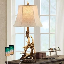 27.25'' Rustic Antler Table Lamp for Bedroom Nightstand Lamps with USB A + C ...