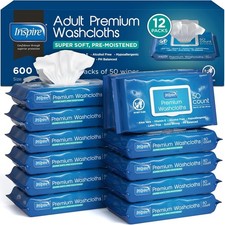 Inspire Adult Wet Wipes Wash Cloths, 50 Count Pack of 12 Incontinence  Cleans