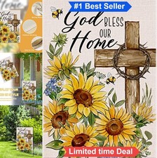 Burlap Garden Flag 12x18 Religious God Bless Our Home Cross Sunflower Double