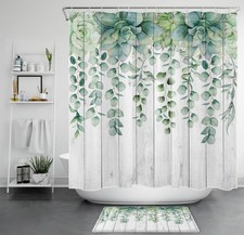 Country Succulent Green Leaf Eucalyptus Shower Curtain Bathroom Accessories Set