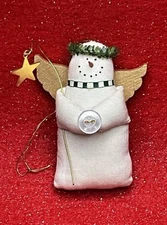 *HEARTS & IVY* Snowman Angel Ivory w/ Greens Halo & Dangling Star 3” Excellent