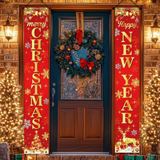 Christmas Door Decorations Banner, Red and Gold Merry Christmas and Happy New Ye