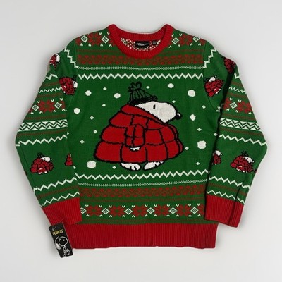 Mens Size M - NWT Peanuts Snoopy Red Puffer Jacket Christmas Sweater Green - NEW