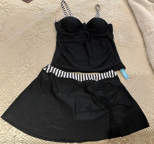 Yonique Womens Black Stripe Tankini Swimsuit Skirted Bathing 2 Piece Size XL NWT