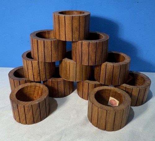 Vintage MCM Brown Wood Wooden Napkin Rings Holder Table Settings Brown Lot 12