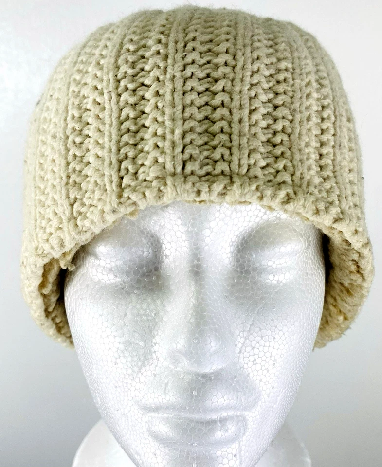 Hollister Cable Knit Beanie Hat Beige Sherpa Lined Cotton Blend Ski Snow Logo - Image 4 of 4