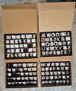 Vintage, Sorted Letter Board Letters with Trays, 5 sets. Not 100% complete.