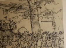 RAFAEL DURANCAMPS original charcoal on paper FESTIVE TOWN SQUARE frame=20" x 23"