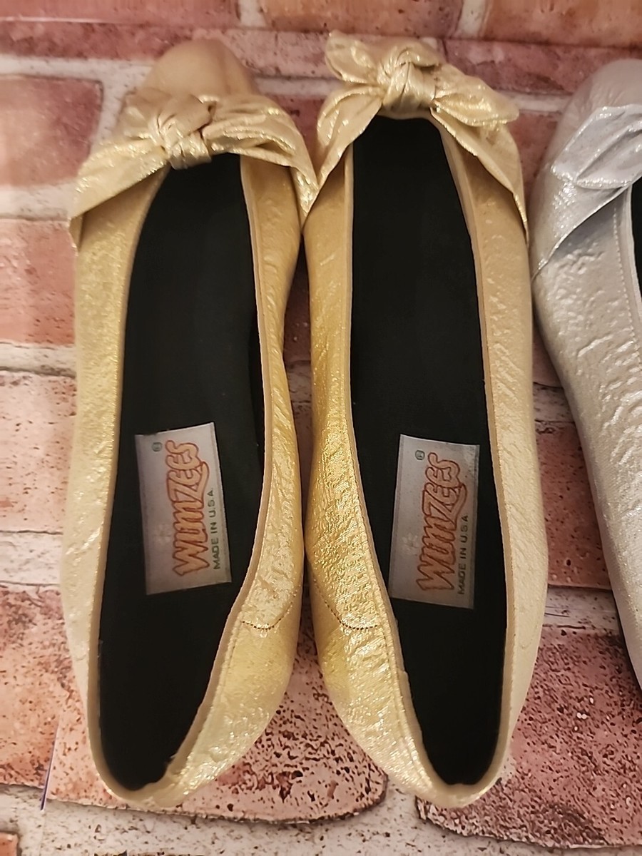 VTG Wimzees 70s 80s Metallic Gold Silver Slipper Flats Bow Shoes