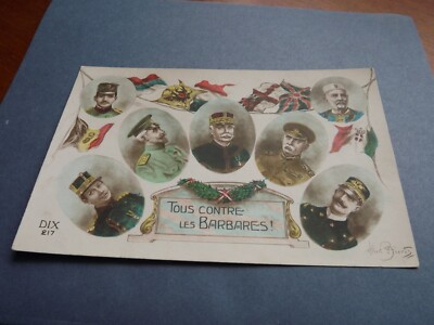 Original 1915 französische alte Postkarte tous contre les barbares Alle gegen Barren