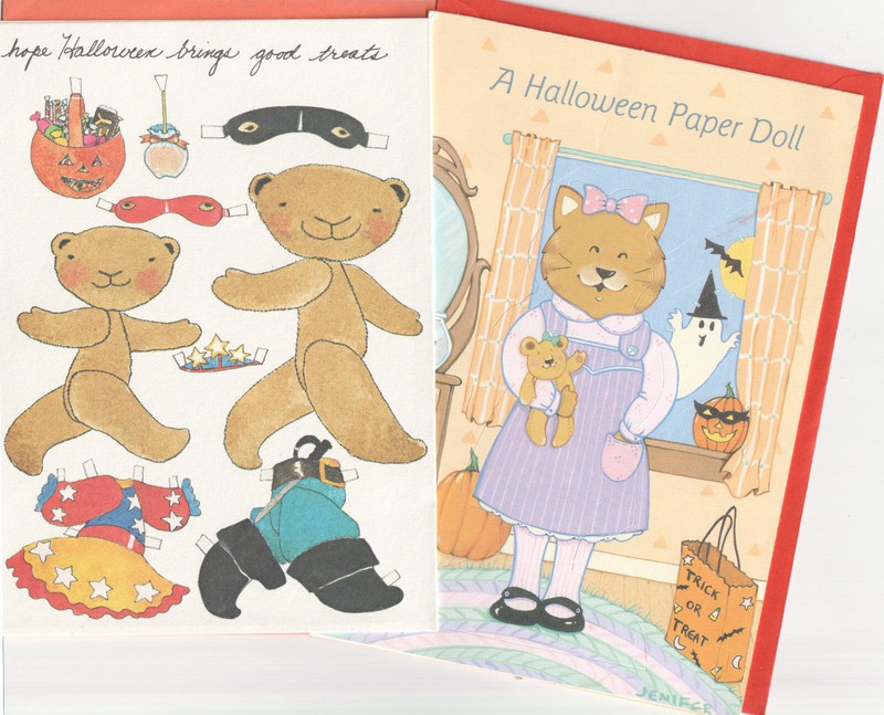 2 Vintage Paper Doll Greeting Card HALLOWEEN BEAR CAT 1983 Unused