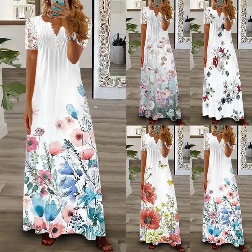 Plus Size Womens BOHO Floral Lace Maxi Long Dress Ladies Summer Holiday Sundress