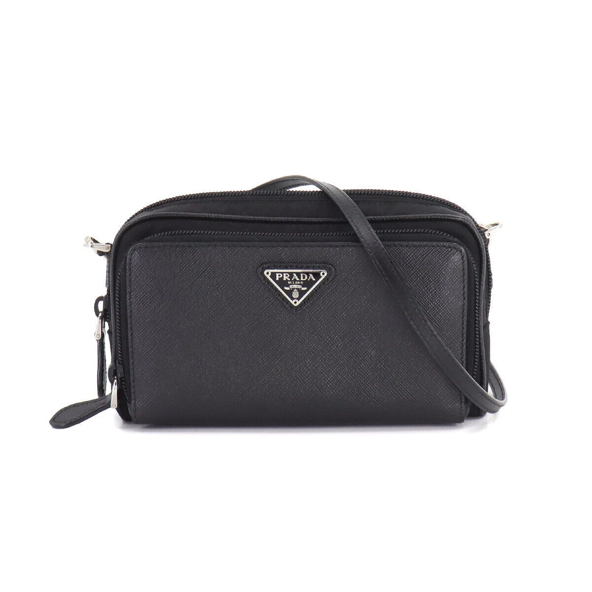 PRADA Saffiano Shoulder Bag Leather Nylon Black 1BP035 Purse 90213707