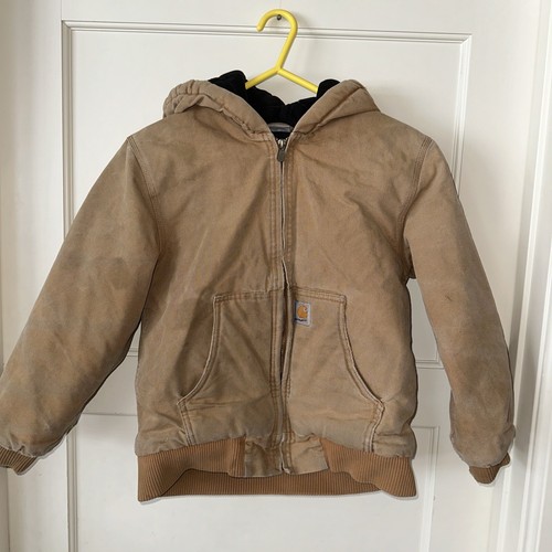 CARHARTT Youth Boys Size M (10-12) Brown Duck Canvas Quilted Zip Hooded Jacket