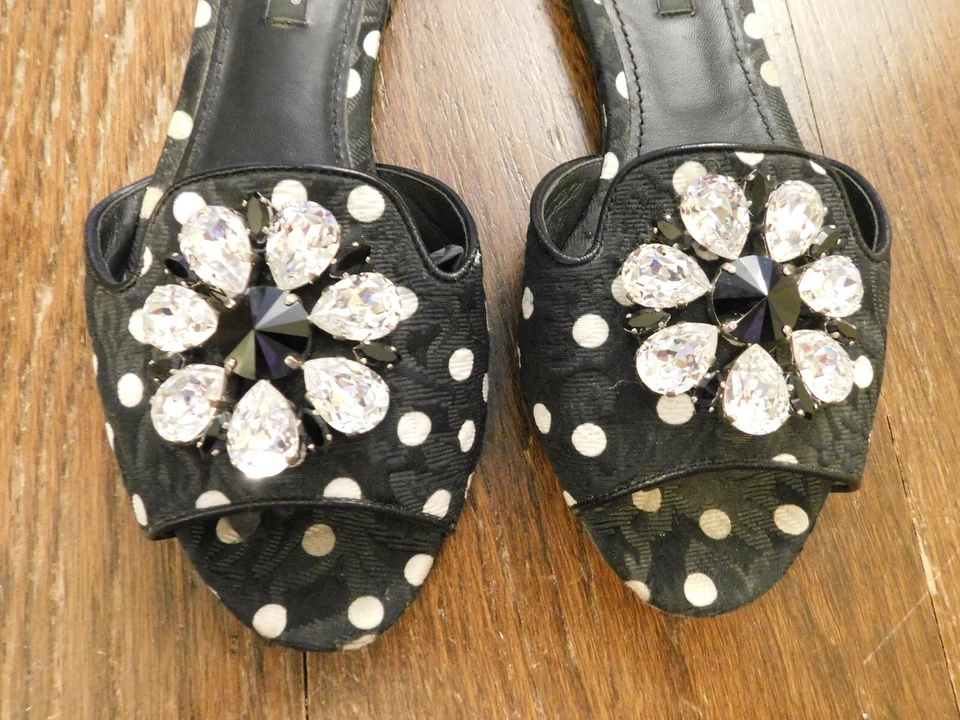 DOLCE & GABBANA Flower Crystals Brooch Slides Sandals Flats Black Polka Dot 36 - Image 3 of 4