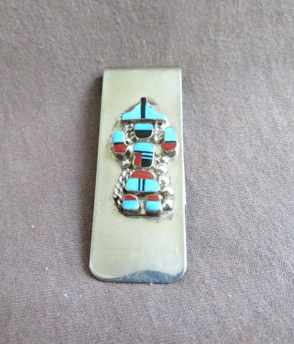 Zuni Turquoise, Coral & Onyx, Sterling Silver Dancing Kachina Money Clip - M367 - Picture 2 of 3