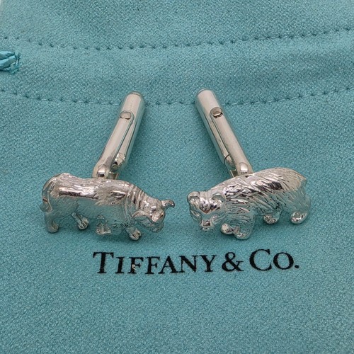 Tiffany & Co. Sterling Silver Bull & Bear Wall Street Cufflinks w/ Pouch & Box